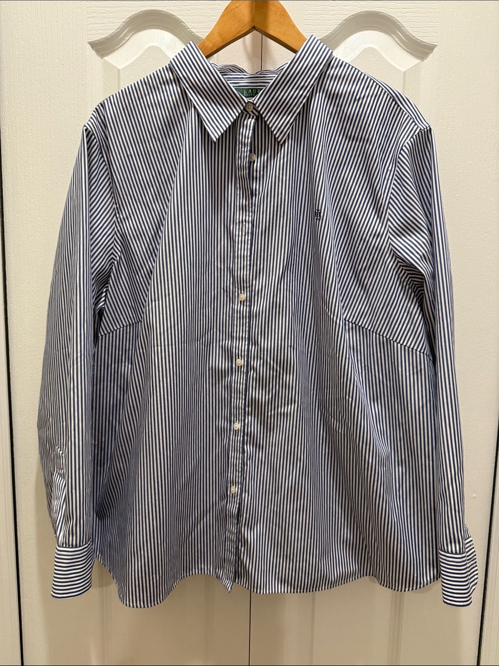 Ralph Lauren Navy and White Vertical Stripe Cotton Dress Shirt
